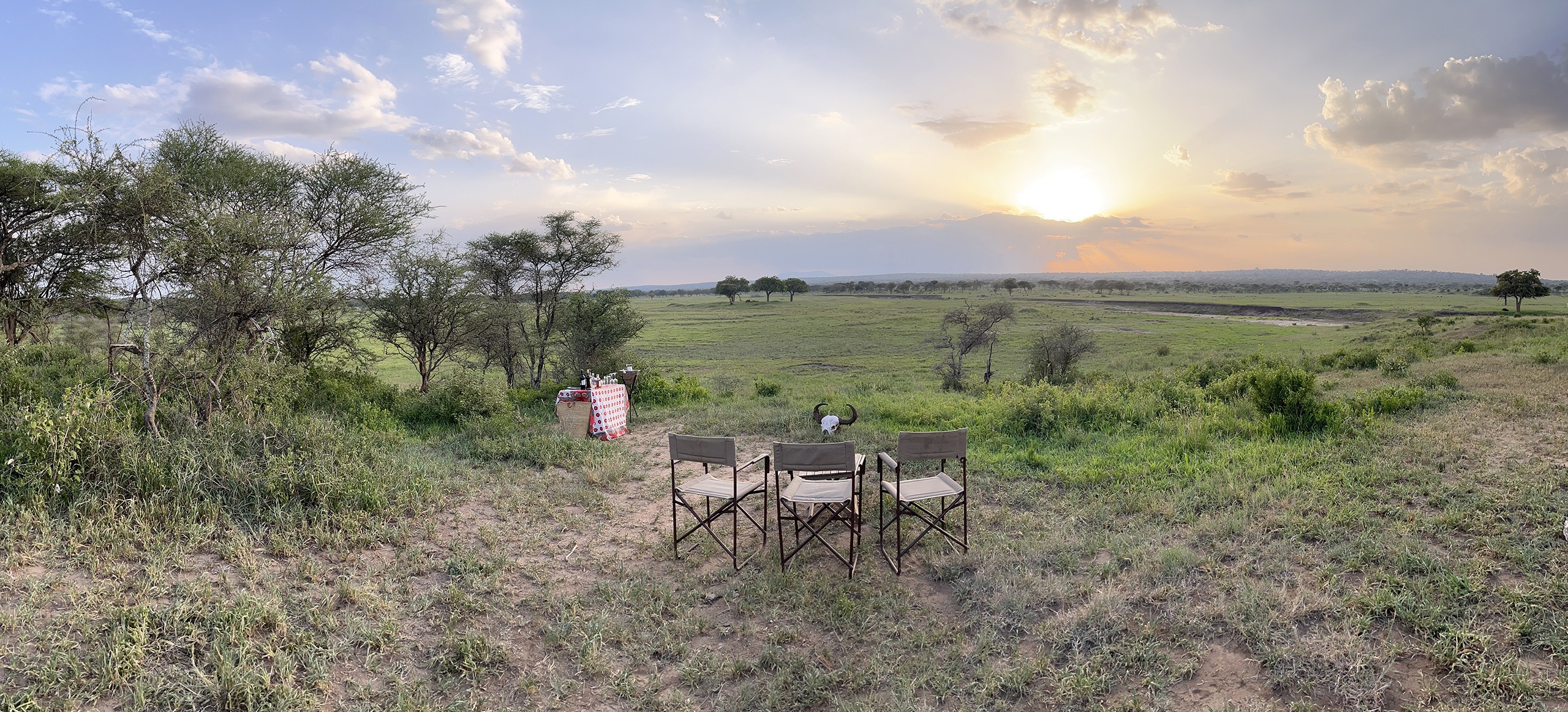 Contact | Header Picture | 3 chairs in the wide landscape of the Serengeti at sunrise | Navel of Africa | Safari Tours | www.navelofafrica.com
